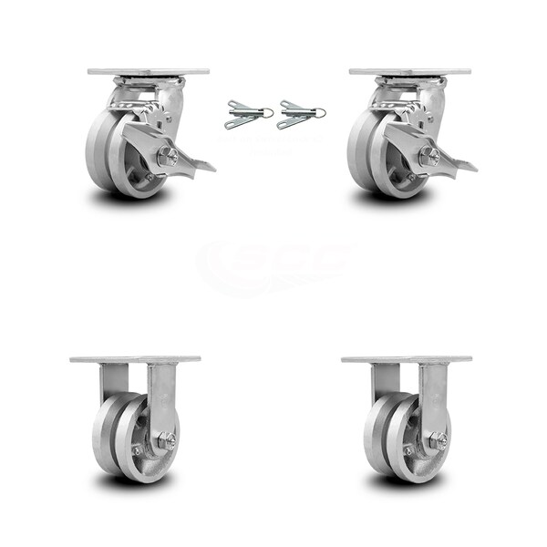4 Inch V Groove Semi Steel Caster Set with 2 Brakes/Swivel Lock 2 Rigid SCC